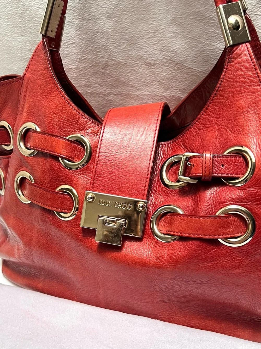 Authentic Red Leather Jimmy Choo Buckle Shoulder Bag With Dust Bag